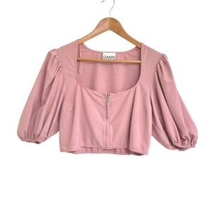 Ganni Drapey Cropped Zipper Blouse Top Puff Sleeve Sz 42 US Large Pink FLAW
